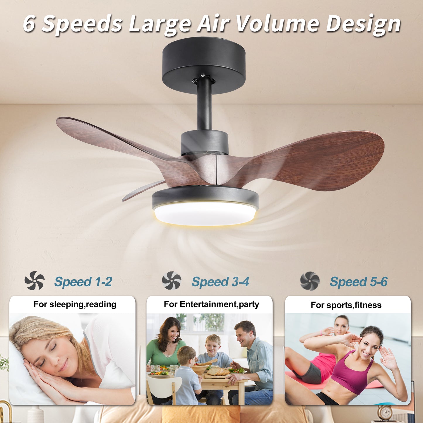 24" Black small  Ceiling Fan with Light remote control ,Modern Low Profile Ceiling Fan, 6-Speeds Quiet Reversible DC motor for Bedroom,Kitchen