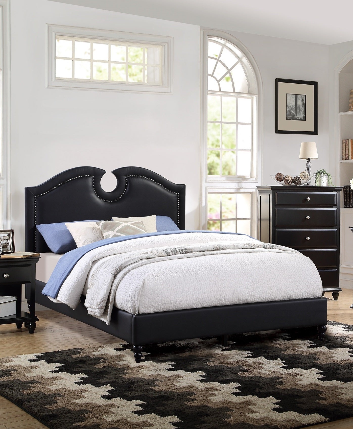 Black Faux Leather Unique Design Headboard 1pc Queen Size Bed Bedroom Furniture Nailhead Upholstered Modern Bedframe