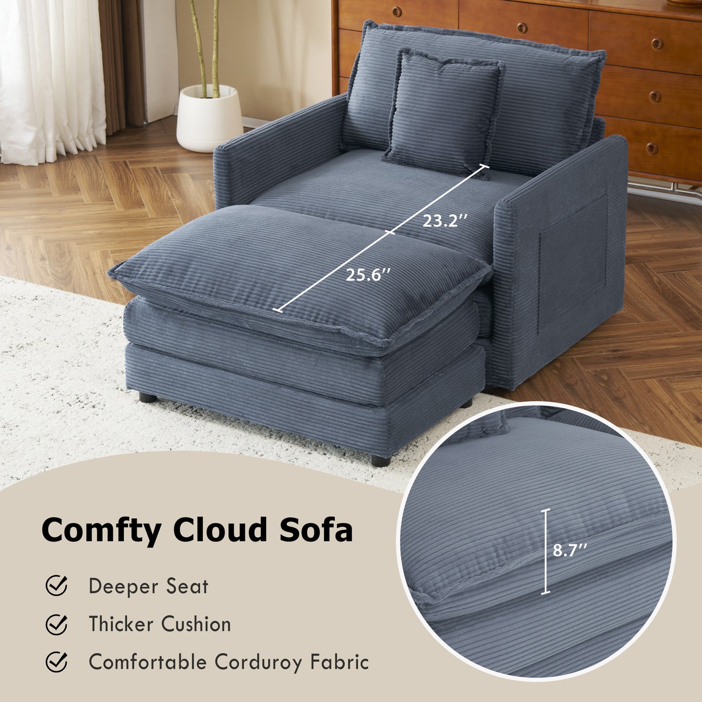 41.3" Modern Sofa Modular Sofa Couch Upholstered Corduroy L-Shape Sectional Sofa with Side Storage Pockets for Living Room, Blue