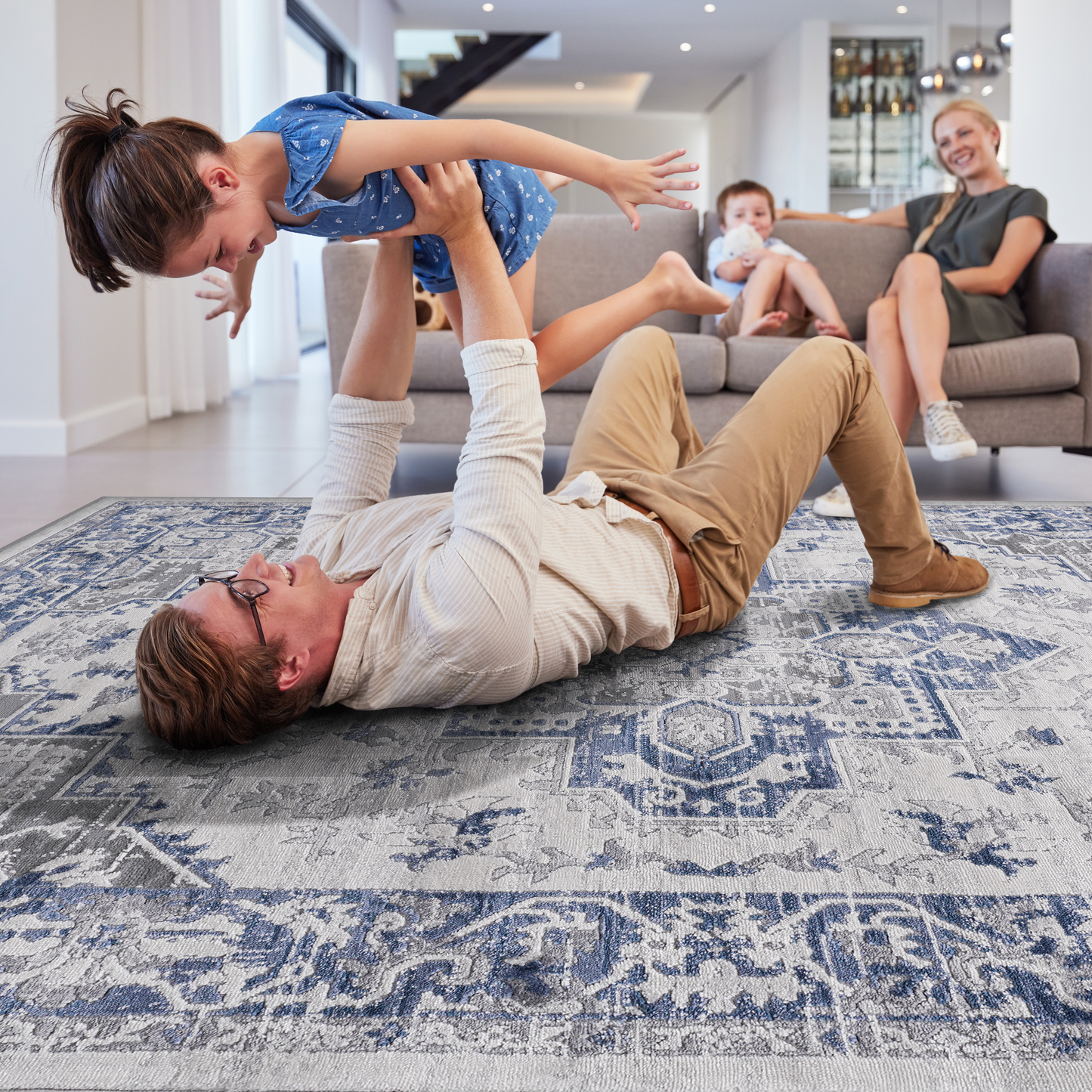 5X7 Blue/Grey/Oriental Non-Shedding Living Room Bedroom Dining Home Office Stylish and Stain Resistant Area Rug