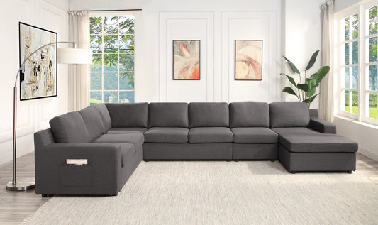 Waylon 145.5" Gray Linen 7-Seater U-Shape Sectional Sofa Chaise with Pocket