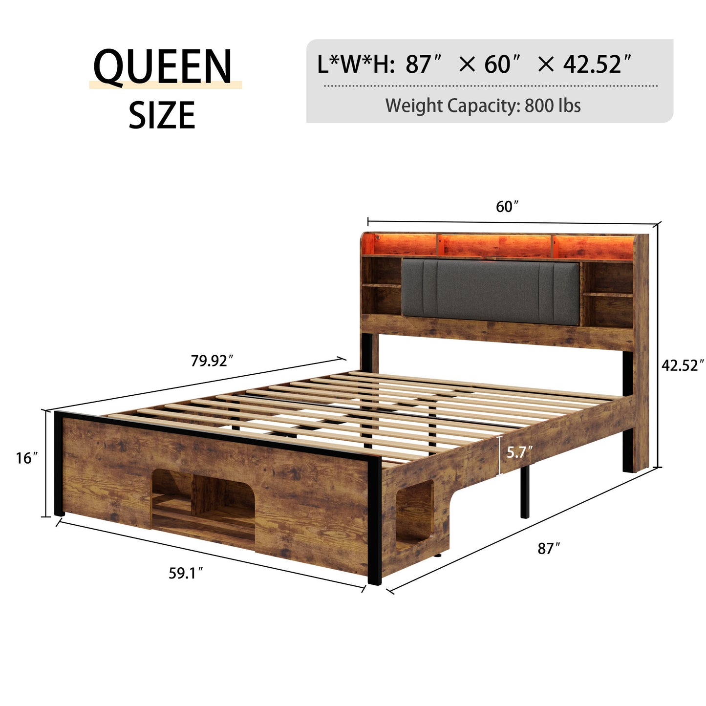 Queen Bed Frame with Upholstered Headboard and Wood Platform,Storage Headboard with Charging Station and LED,  Bed Frame with Pet Bed,No Noise, No Box Spring Needed,Easy Assembly,Rustic Brown