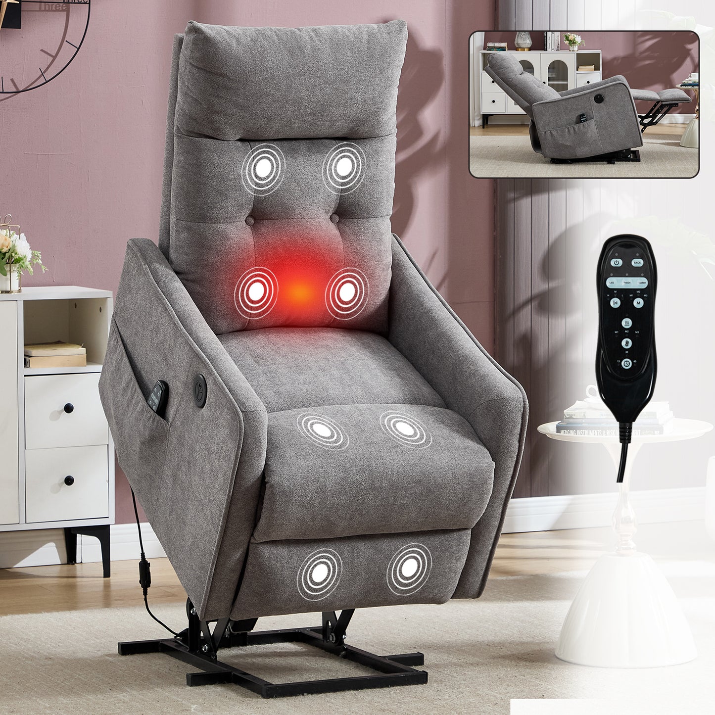 Light Grey Chenille Single Motor Power Lift Recliner Chair with Massage and Heat for Elderly, Heavy Duty Motion Mechanism and One USB for Charging, Max Reclining Angle 155°