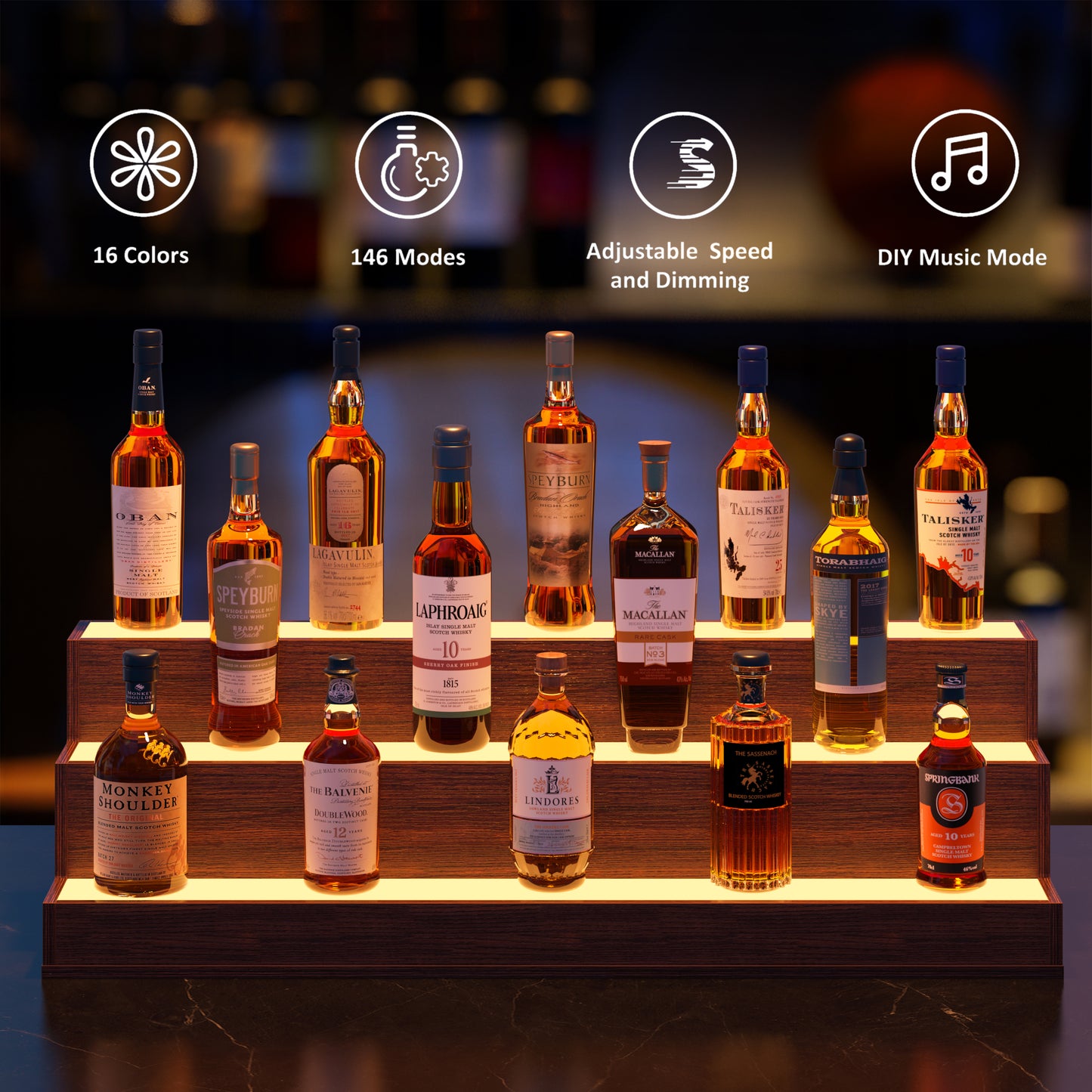 LED Lighted Liquor Bottle Display Shelf, 37 Inch Bar Display Shelf, DIY Illuminated Bottle Shelf with App & Remote Control, 3 Step Freestanding Holding Bottles for Home Bar, Party, Walnut