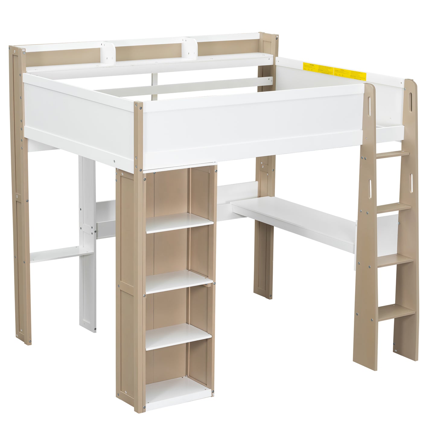 Full Size Wood Loft Bed with Built-in Shelves, Clothes Rail and Desk in White + Natural Finish, Solid Wood + MDF Construction