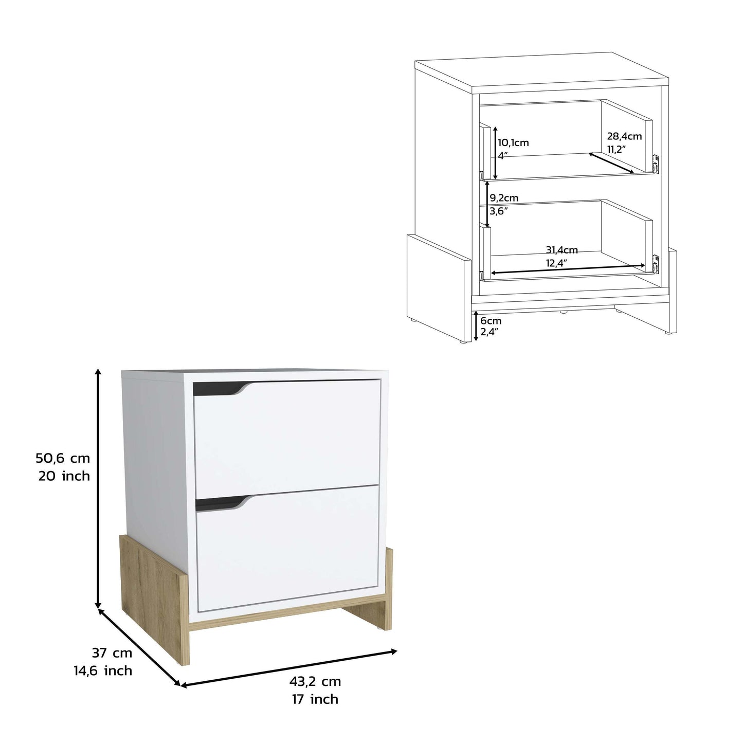 Nightstand with 2-Drawers, End Table with Sturdy Base, White / Macadamia