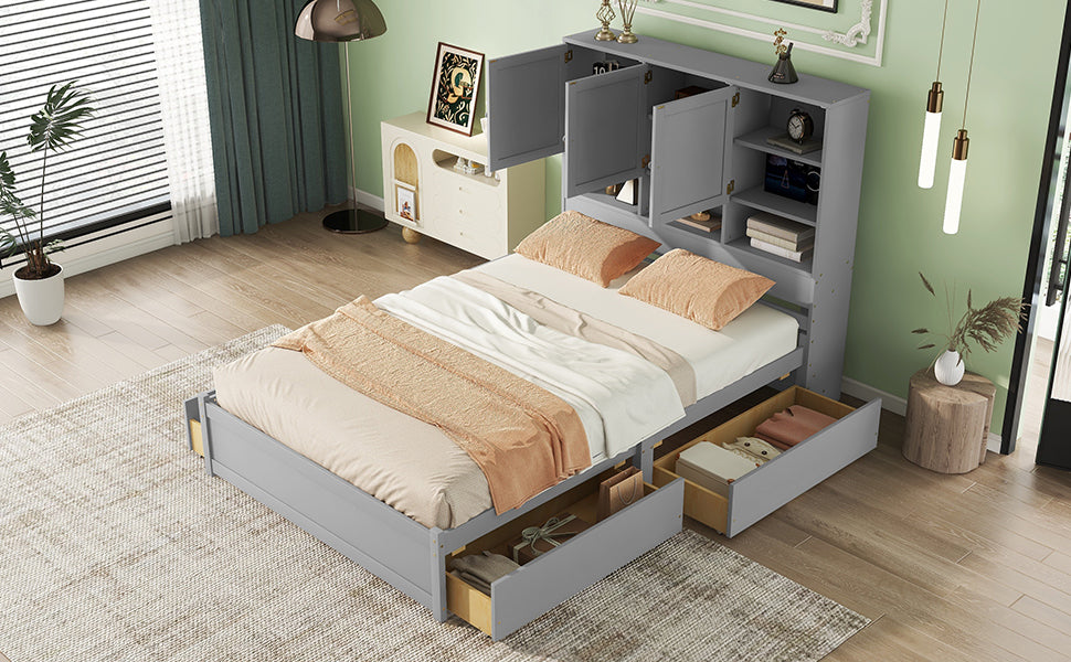 Queen Size Platform Bed with Storage Headboard and 4 Drawers, Gray