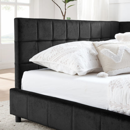 Queen Size Upholstered Tufted Bed Frame, Sofa Bed Frame with Comfortable Backrest and Armrests, Queen Size Bed for Bedroom, Living Room,Velvet, BLACK(85.5''*64.5''*30.5'')