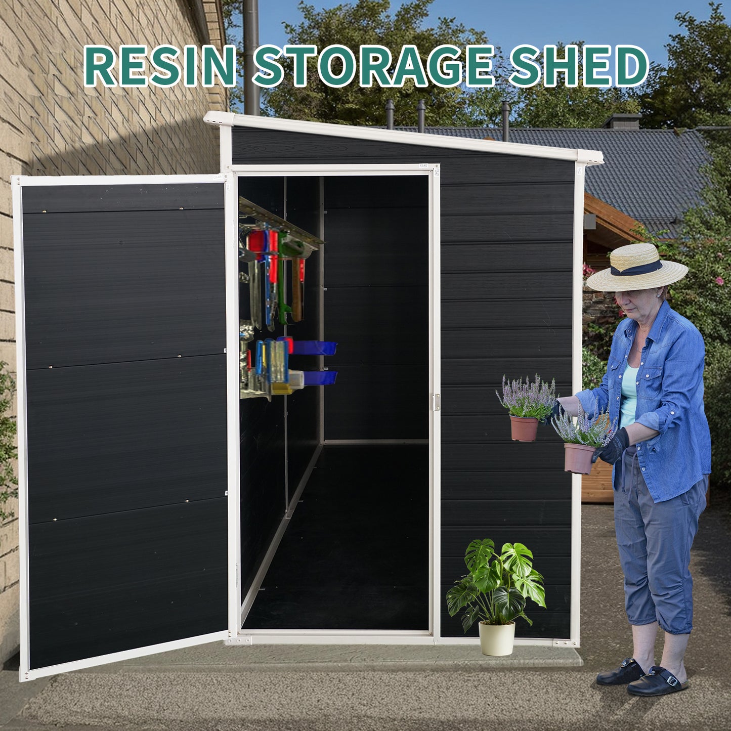 8x4ft Outdoor Resin Garden Shed with Floor and 2 Windows, Plastic Patio Outdoor Storage Shed with Lockable Door for Garden Tools, Bicycles, Trash Cans, Black