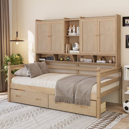 Twin Size Wooden Storage Daybed Frame with Bookcase Headboard and Two Under-bed Drawers for Bedroom Living Room, No Box Spring Needed,Natural