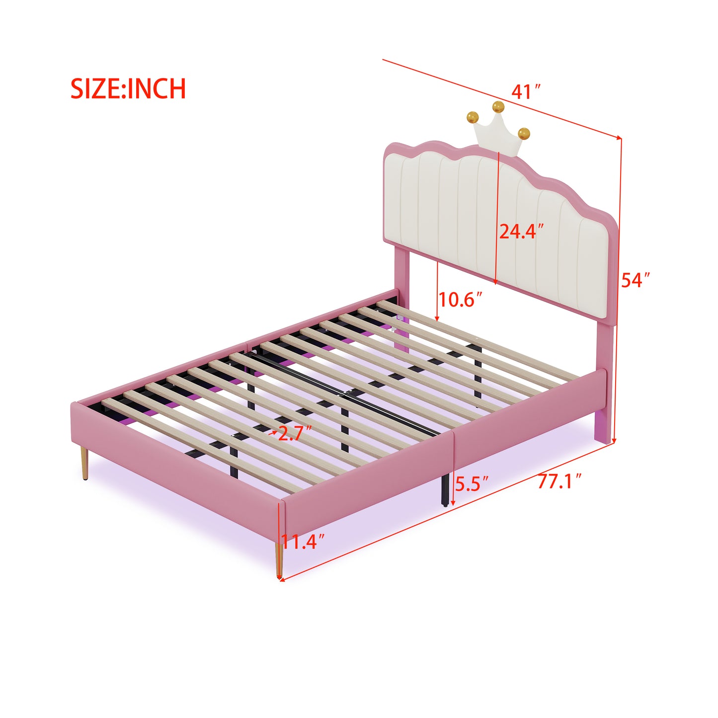 Twin size Upholstered Princess Bed With Crown Headboard, Platform Bed with  with Light Strips,Golden Metal Legs, White+Pink