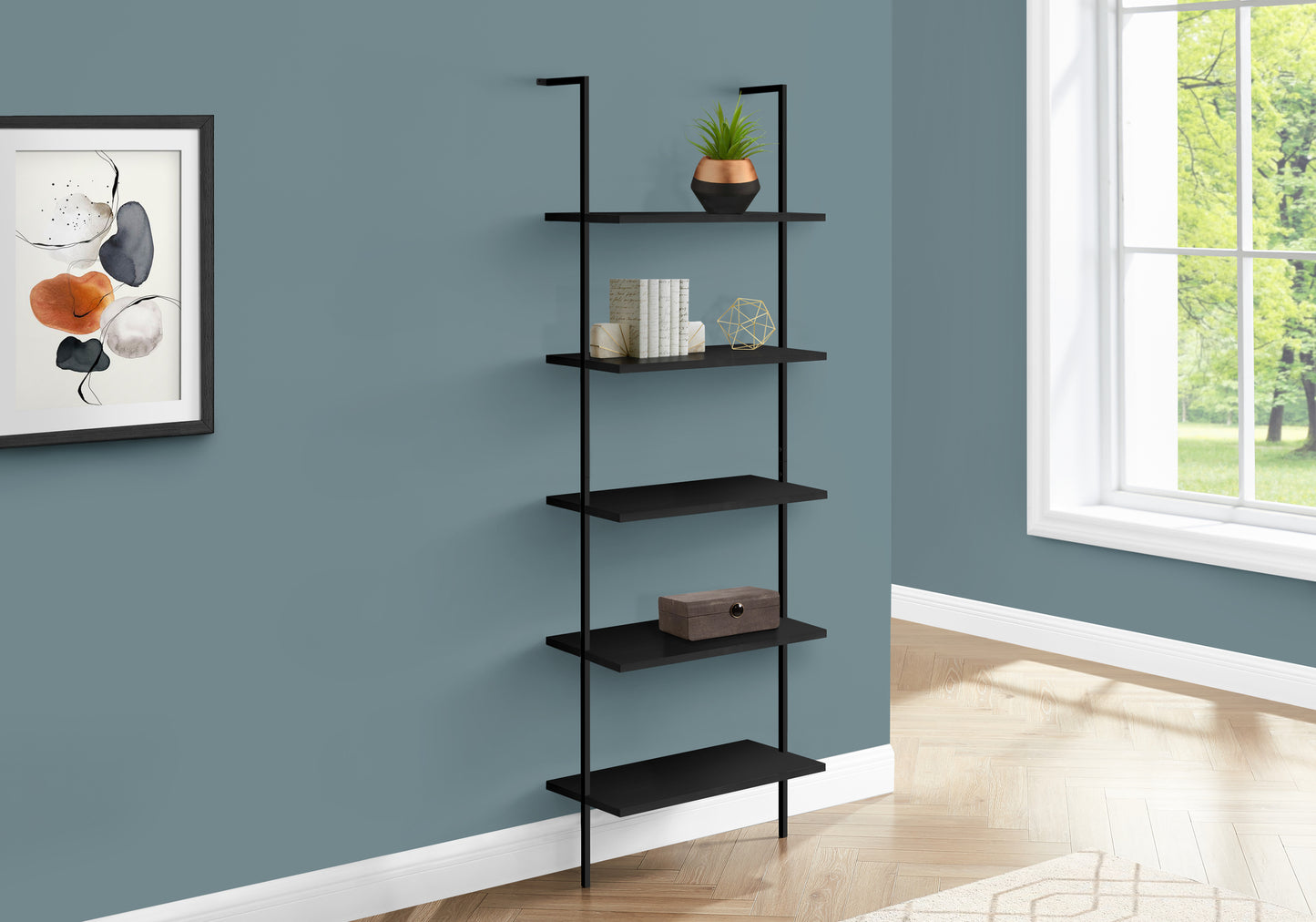Bookshelf, Bookcase, Etagere, Ladder, 5 Tier, 72"h, Office, Bedroom, Black Laminate, Black Metal, Contemporary, Modern