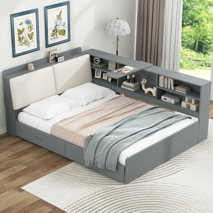 Wood Full Size platform bed with Storage Headboard, Shelves and 2 Drawers, Gray