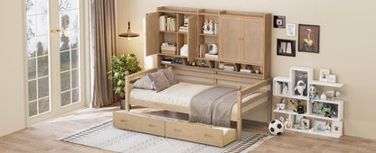 Twin Size Wooden Storage Daybed Frame with Bookcase Headboard and Two Under-bed Drawers for Bedroom Living Room, No Box Spring Needed,Natural