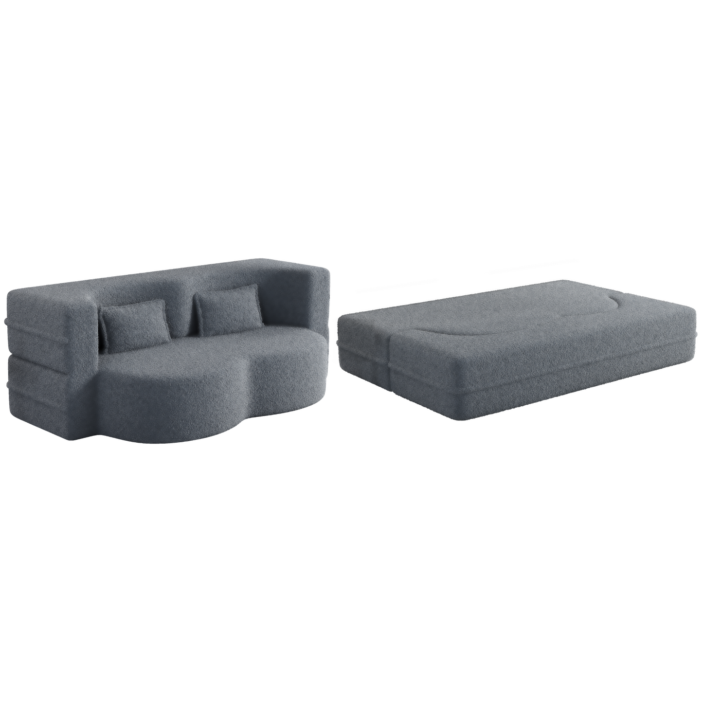 Modern Floor Sofa with 2 Pillows,Convertible Teddy Fabric Foam-Filled Sleeper Sofa Bed,15" Full Size Folding Mattress for Living Room,Guest Bed,Playroom,no assembly required,Grey(Old Sku:W1885P190392