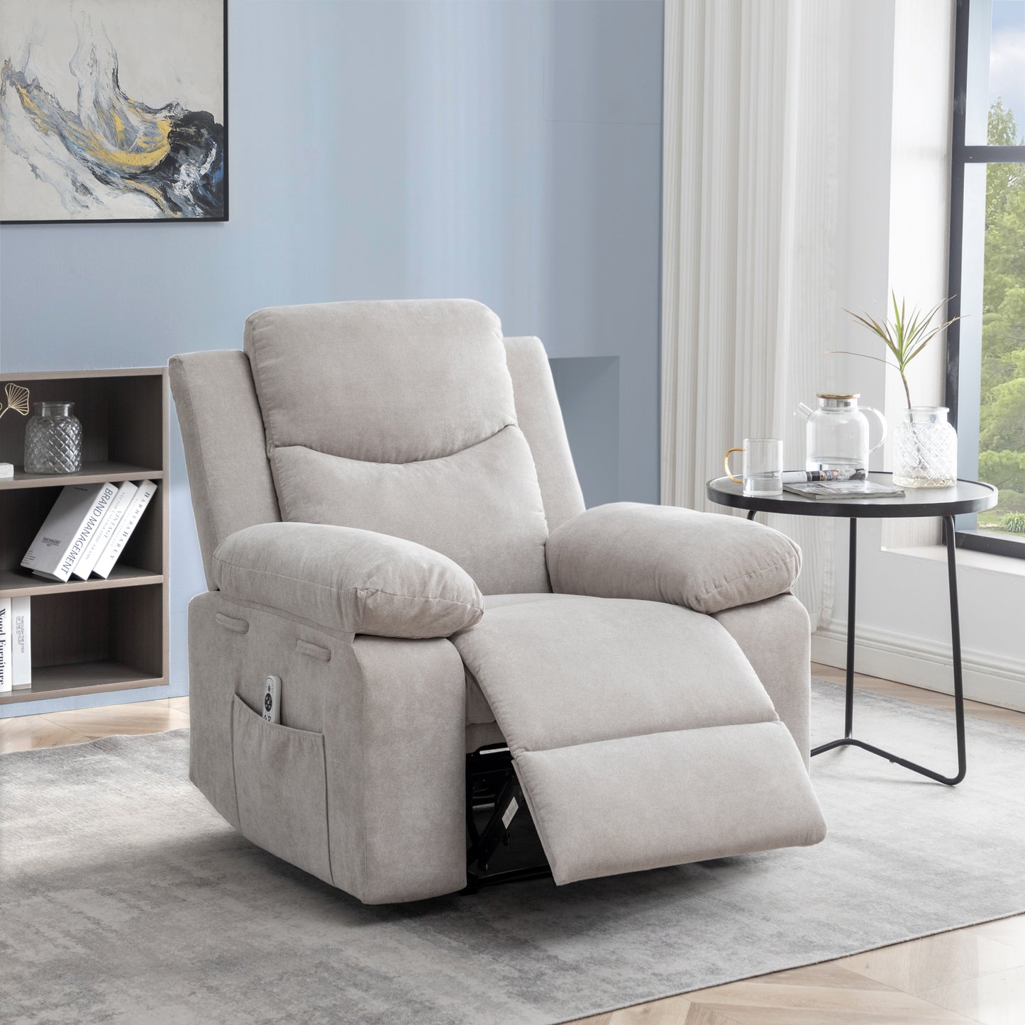 Power Recliner Chair with Adjustable Massage Function, Velvet Electric Power Chair for Elderly with One Side Pockets, Recliner Chair with Heating System for Living Room,Beige