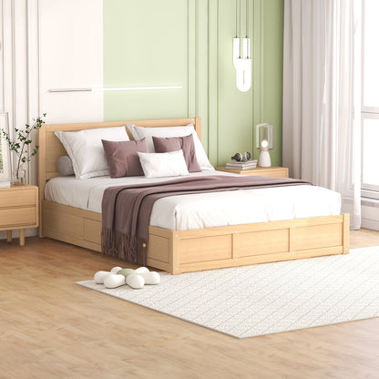 Queen Size Wood Platform Bed with Underneath Storage and 2 Drawers, Wood Color