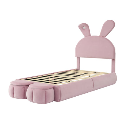 Twin Size Upholstered Platform Bed with Cartoon Ears Shaped Headboard and Light, Pink