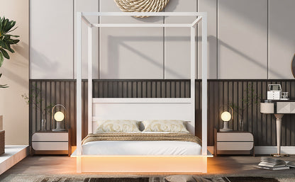 Queen Size Wood LED Canopy Bed ,Canopy Platform bed With Support Slats, No Box Spring Needed, White