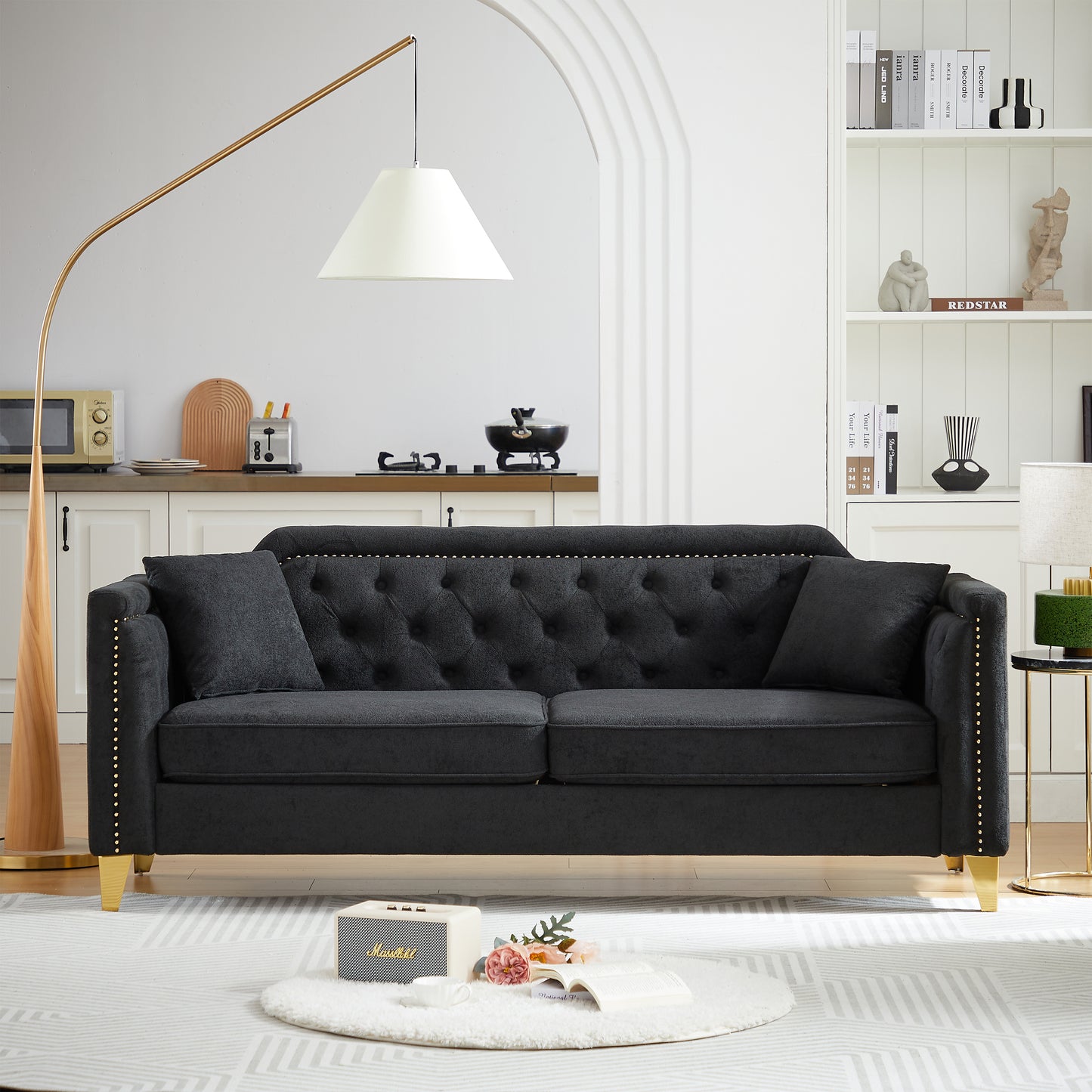 FX81"Mid-century design modern sofa,Chenille Pull Buckle Design Sofa for Living Room,Buttons Tufted With Copper Nail Decoration Armrest, with 2 Pillows,Modern Couch Upholstered Button And Metal Legs