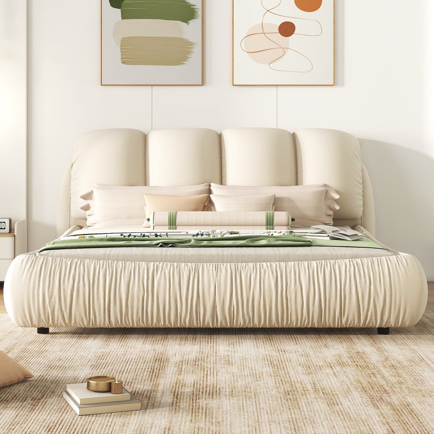 King Size Luxury Upholstered Bed with Thick Headboard, Velvet King Bed with Oversized Padded Backrest, Beige(Expect Arrive date 2024/3/12)