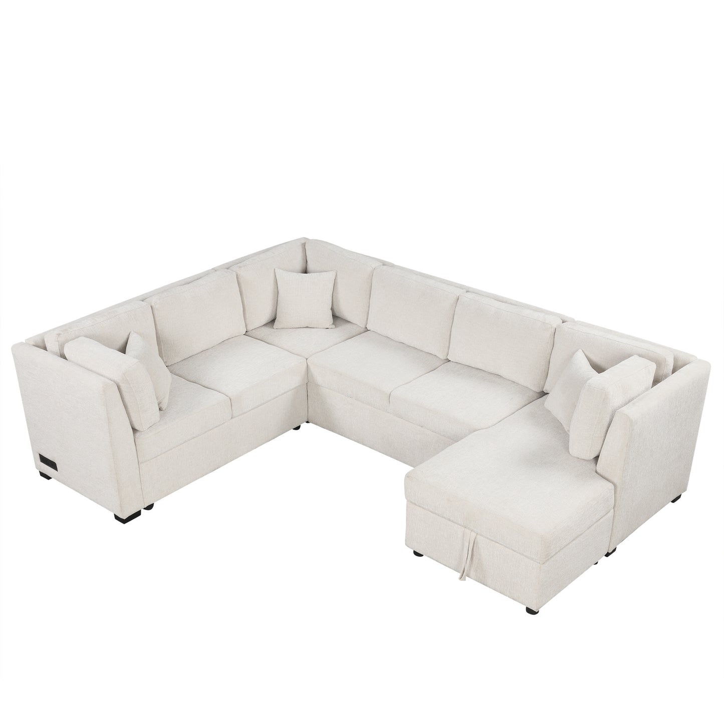 108.6" U-shaped Sectional Sofa Pull out Sofa Bed with Two USB Ports, Two Power Sockets, Three Back Pillows and a Storage Chaise for Living Room, Beige