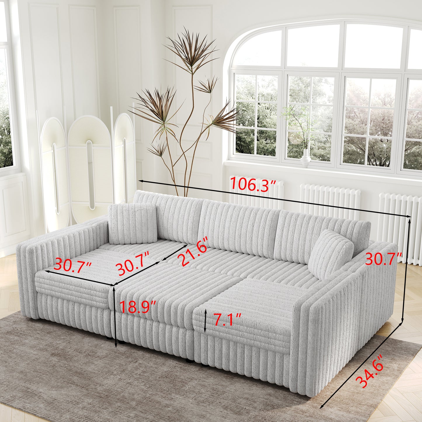 106.3" Soft  U-shaped 6-Person Sofa. Matches 30.7" Ottoman with Hydraulic Lift. Comfortable & Stylish. For Bedroom & Living Room. Light Gray. Modern Furniture. Modular Design.