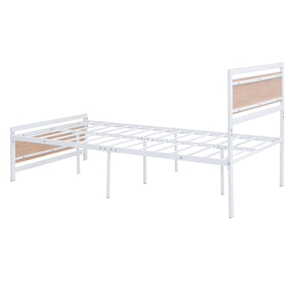 Twin Size Platform Bed, Metal and Wood Bed Frame with Headboard and Footboard , White