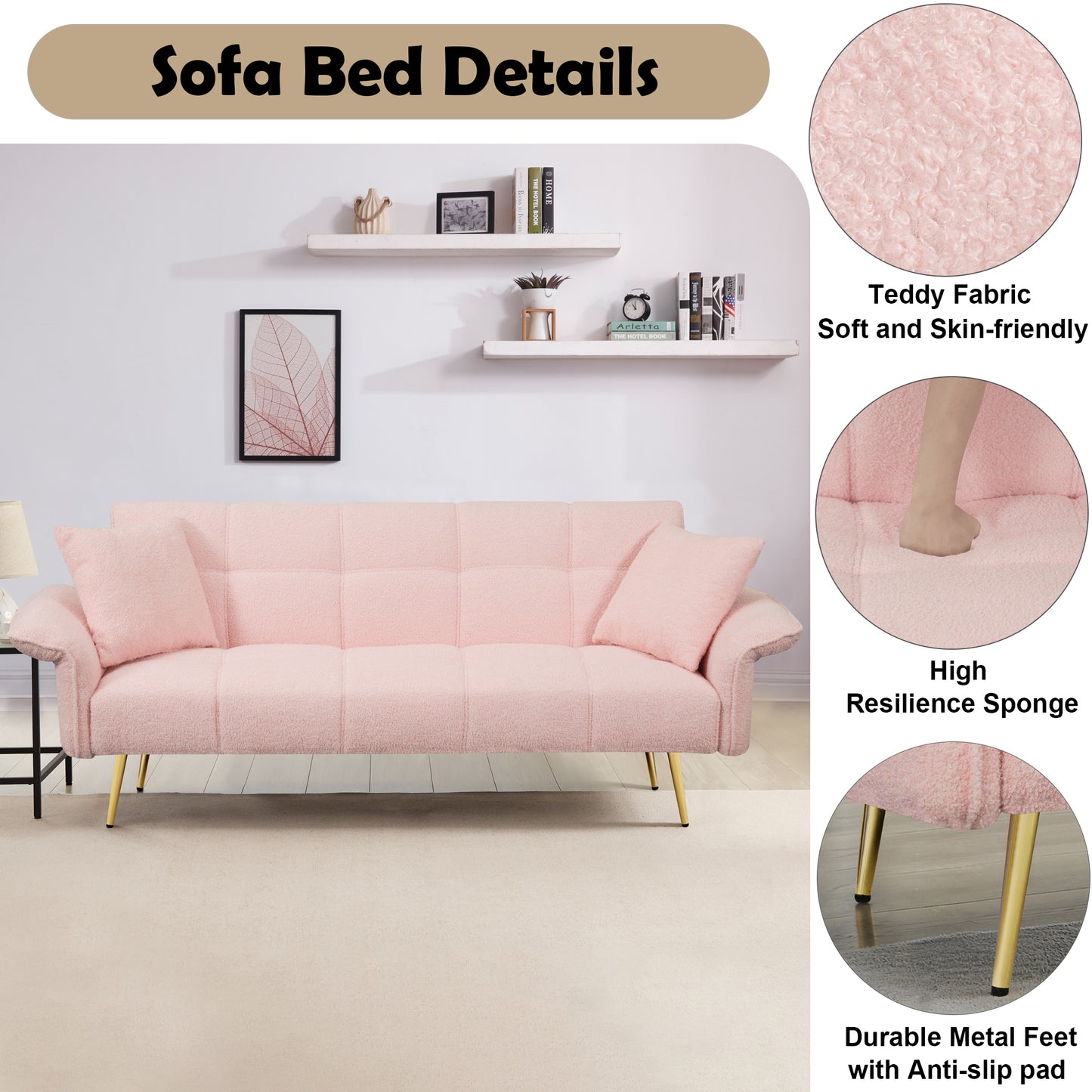 70-inch teddy fleece sofabed, convertible futon sofabed with adjustable arms and backrest, modern love sofa for living room and bedroom.