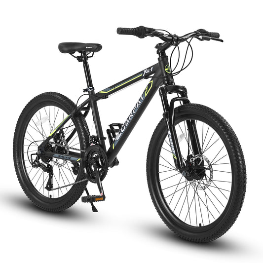 S24102  24 Inch Mountain Bike Boys Girls, Steel  Frame, Shimano 21 Speed Mountain Bicycle with Daul Disc Brakes and Front Suspension MTB