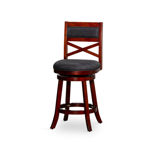 24" Counter Height X-Back Swivel Stool, Cherry Finish, Charcoal Fabric Seat