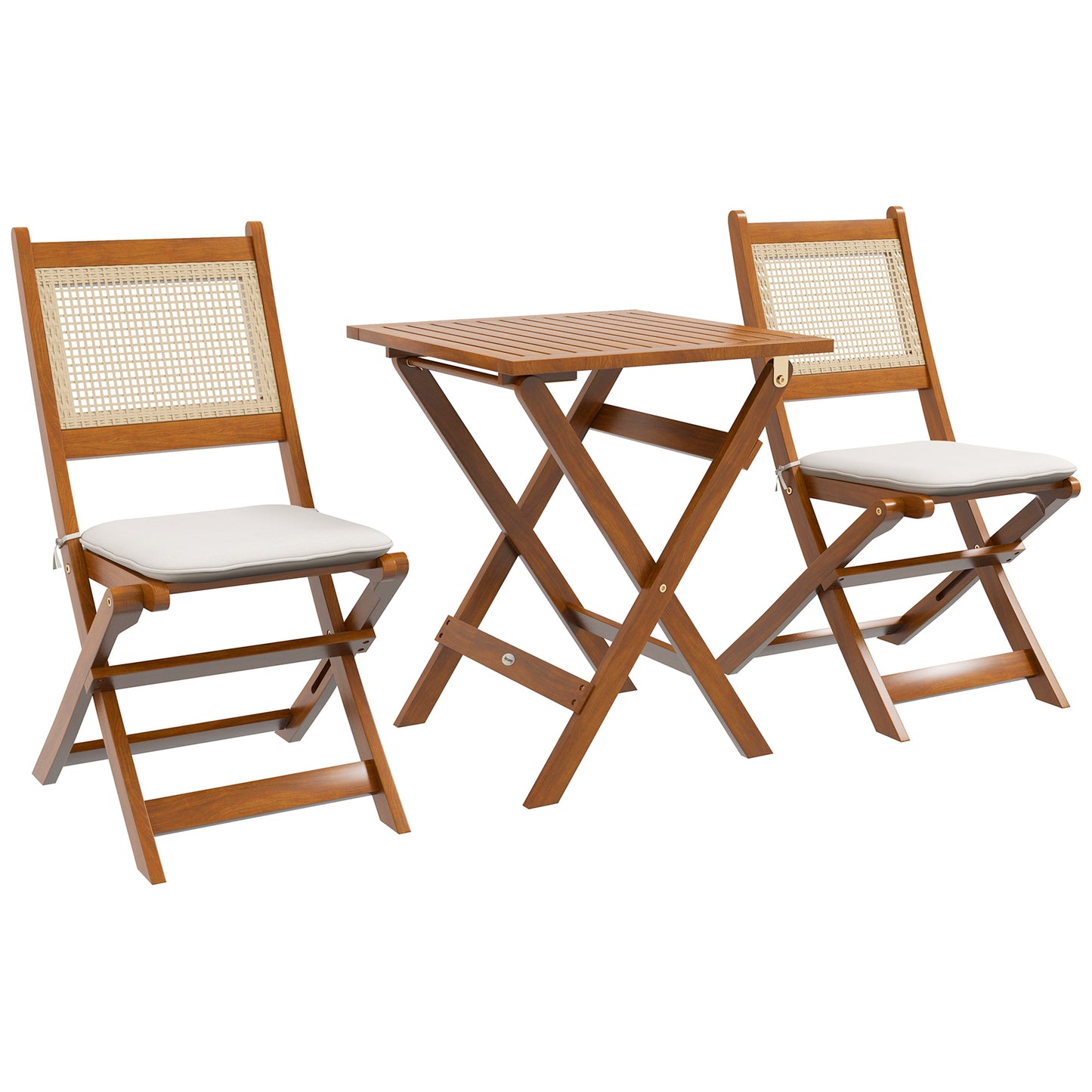 Outsunny 3 Pieces Patio Bistro Set Foldable Wooden PE Rattan Conversation Furniture Outdoor with Cushions, for Porch, Backyard, Garden, Light Teak