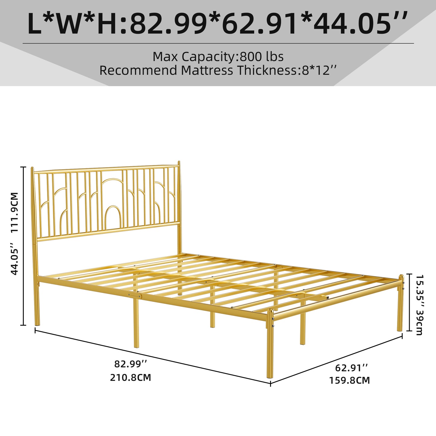 Metal Steel Platform Bed Frame with Iron-art Headboard (Queen Size) - Gold