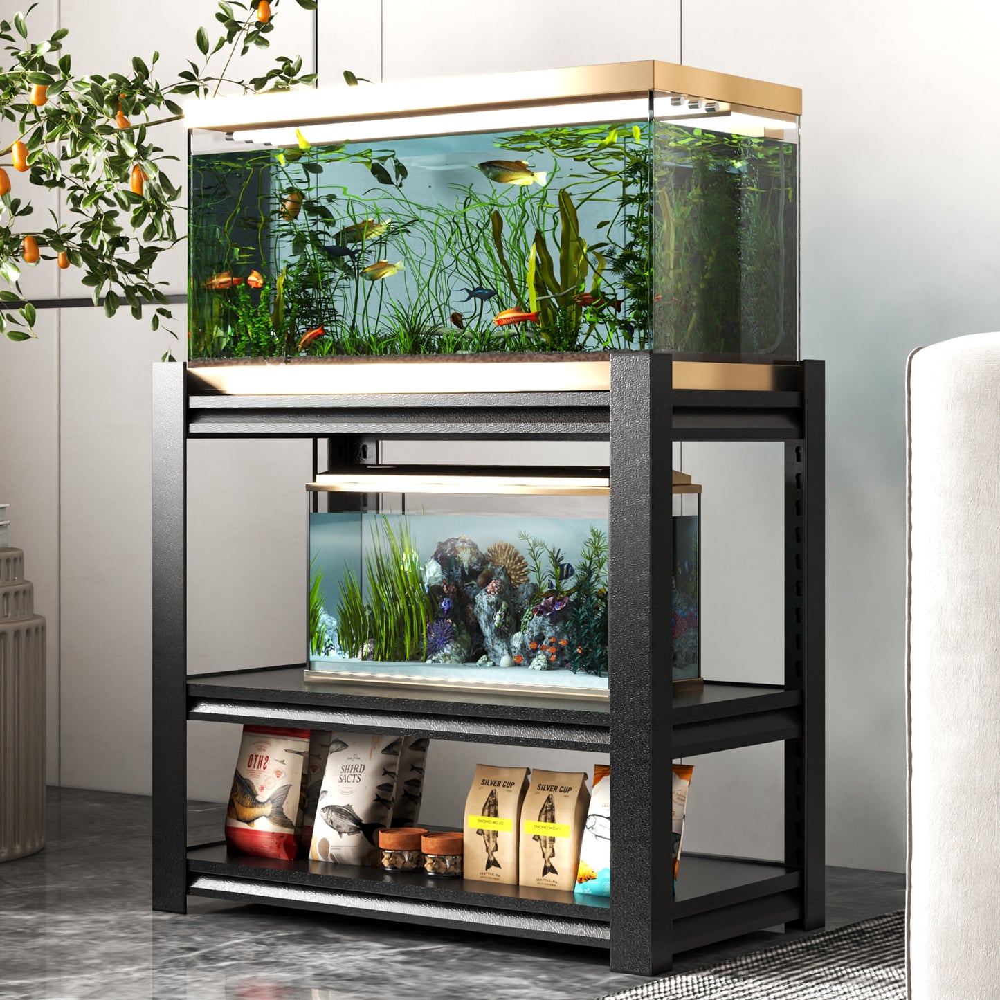 40-50 Gallon Fish Tank Stand - Metal Aquarium Stand, 31.5 "L x 18 "W x 34"H Adjustable Heavy Duty Reptile Tank Stand, Adjustable 3-Tier Fish Tank Rack Shelf for Home Office, Tank Not Included