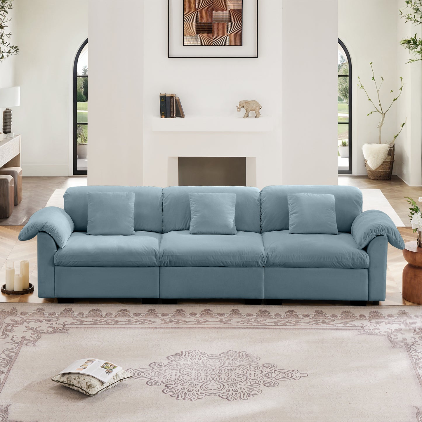 Extra Large 3 - Seat Modern Velvet Sofa With Storage Function Under Each Seat, Oversize Sofa Clould Like Deep Seat Couch with Comfortable Seat and Back Support, 3 Seater Sofa with Fluffy Armrest Pillo