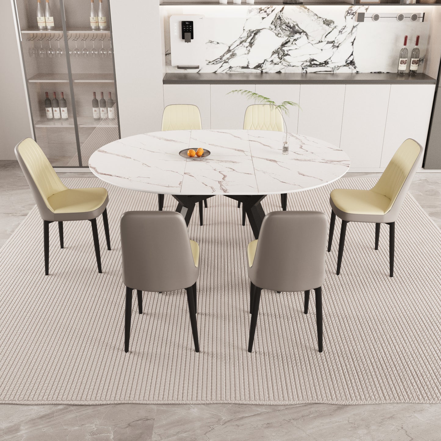 47-63' expandable circular dining tables , equipped with 6 PU fabric thick cushioned dining chairs and an elegant and spacious dining table, kitchen table and chair, with black metal legs