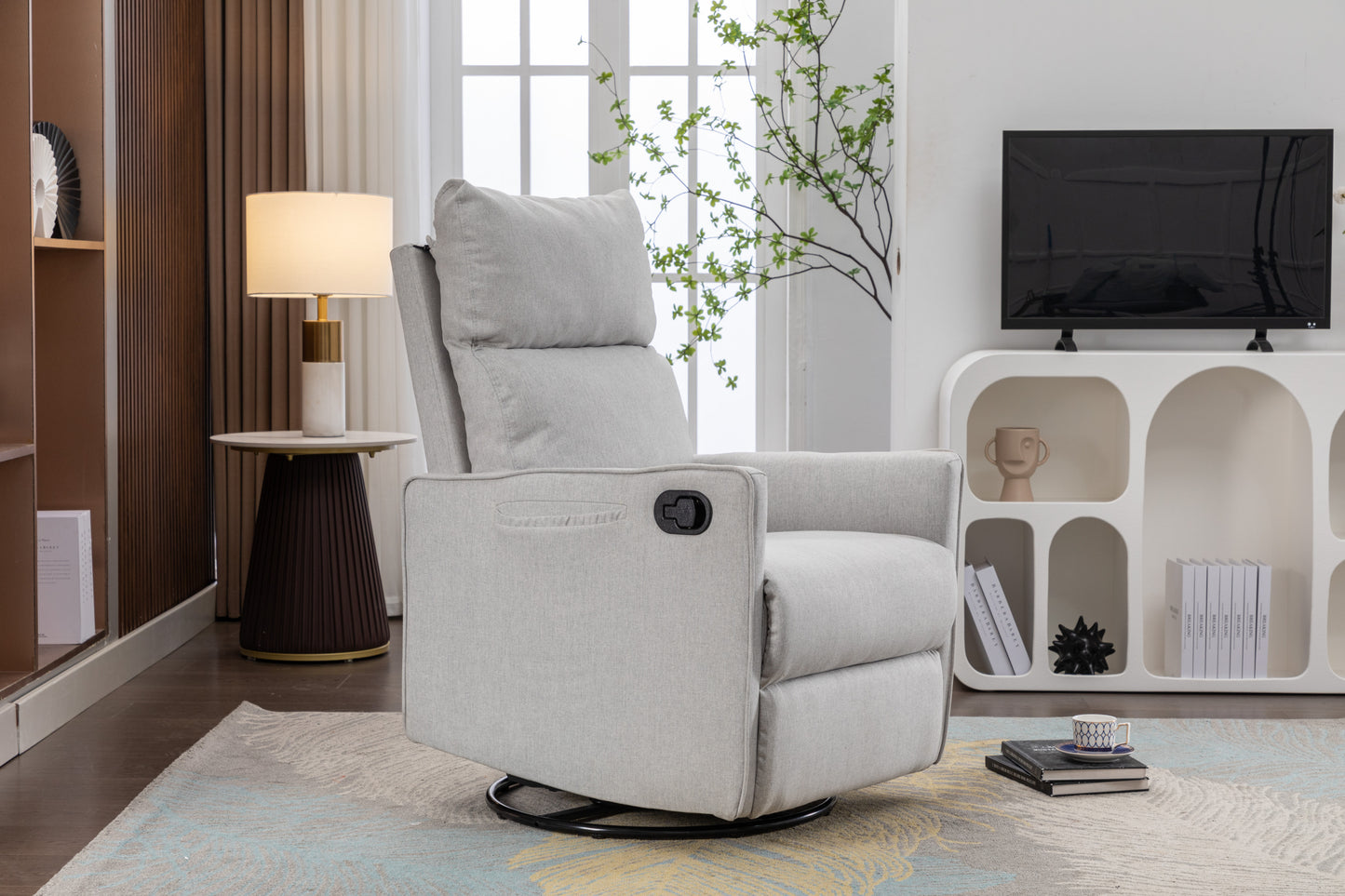 038-Cotton Linen Fabric Swivel Rocking Chair Glider Rocker Recliner Nursery Chair With Adjustable Back And Footrest For Living Room Indoor,Light Gray