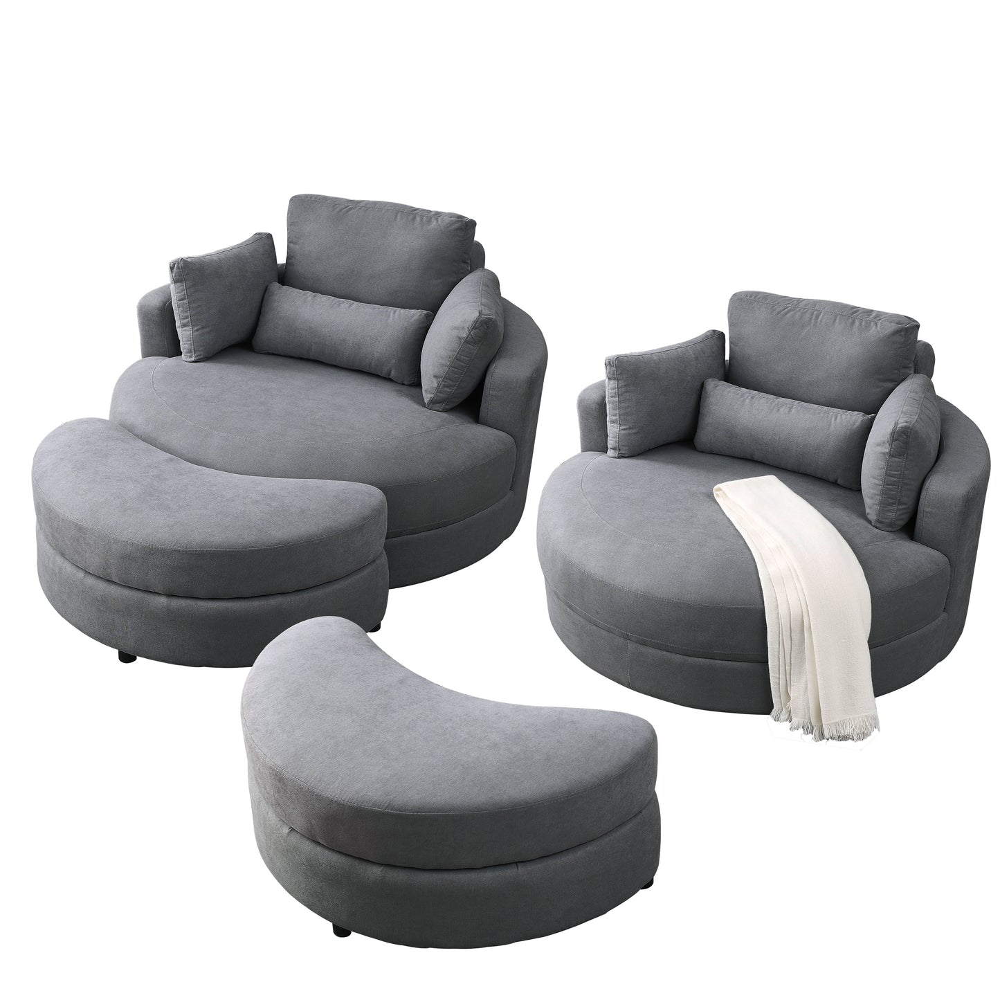 Welike Swivel Accent Barrel Modern Dark Grey Sofa Lounge Club Big Round Chair with Storage Ottoman Linen Fabric for Living Room Hotel with Pillows,2PCS.