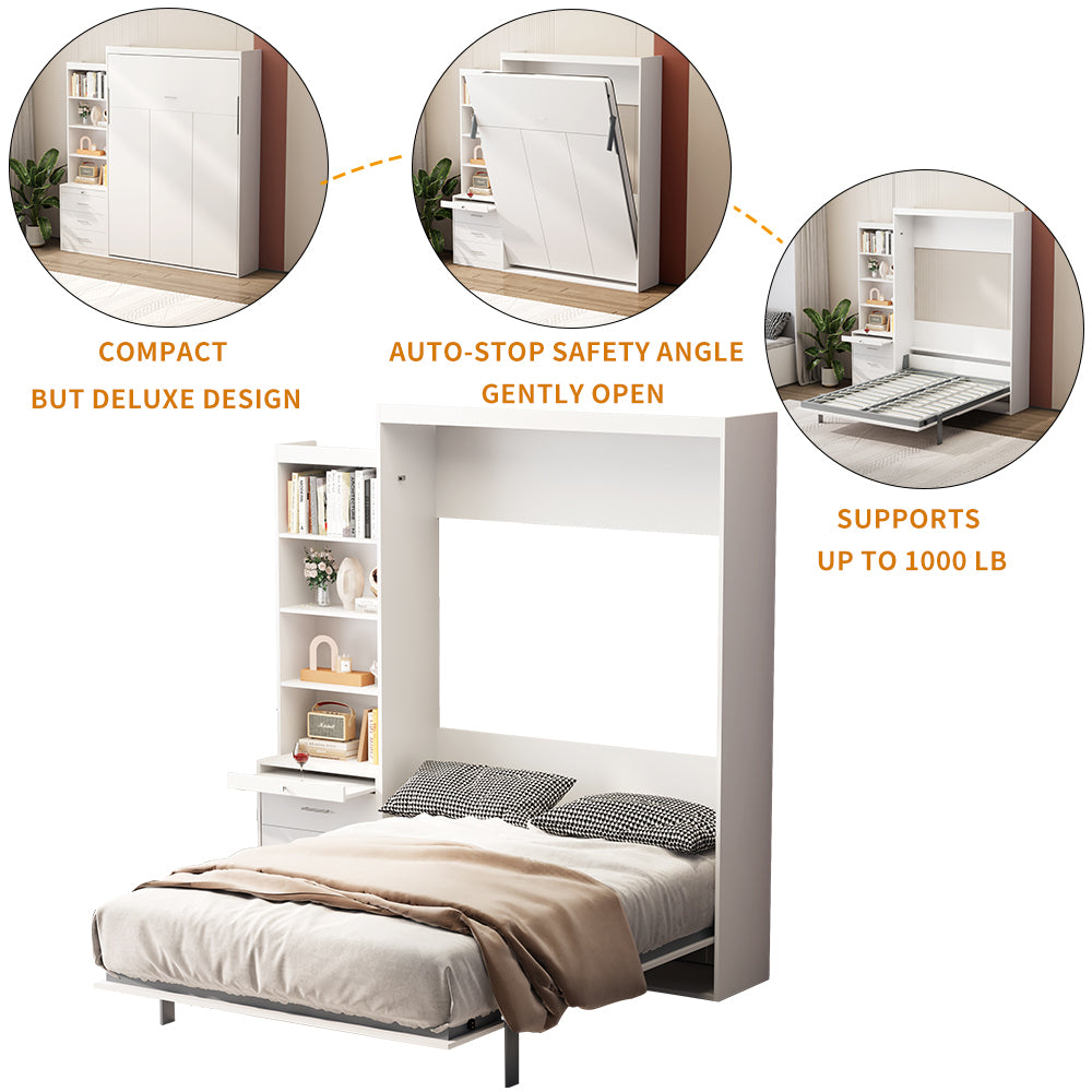 Full Size Vertical Murphy Bed with Shelf and Drawers for Bedroom or Guestroom White Wall Bed Space Saving Hidden Bed, updated Gas Strut design.
