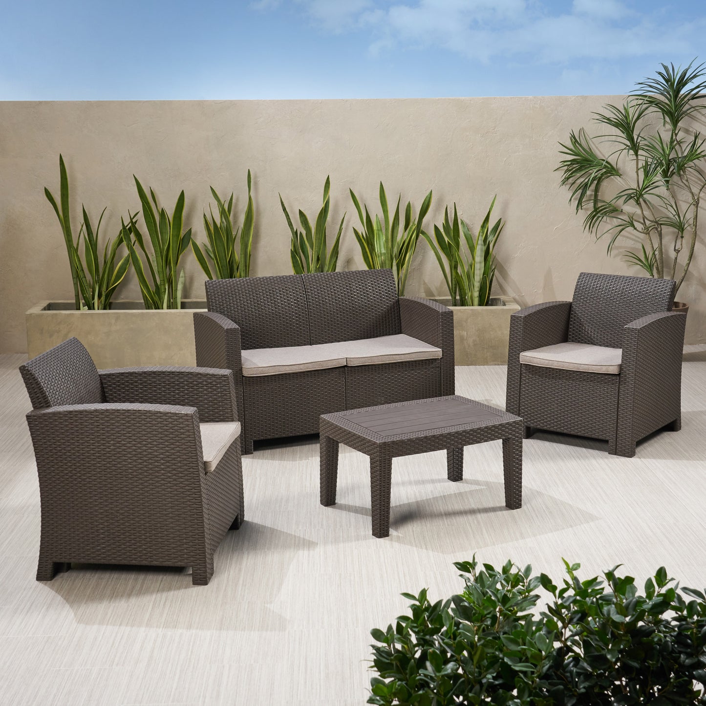 Outdoor Faux Wicker Rattan Style Chat Set with Water Resistant Cushions, 4-Pcs Set, Brown / Mix Beige