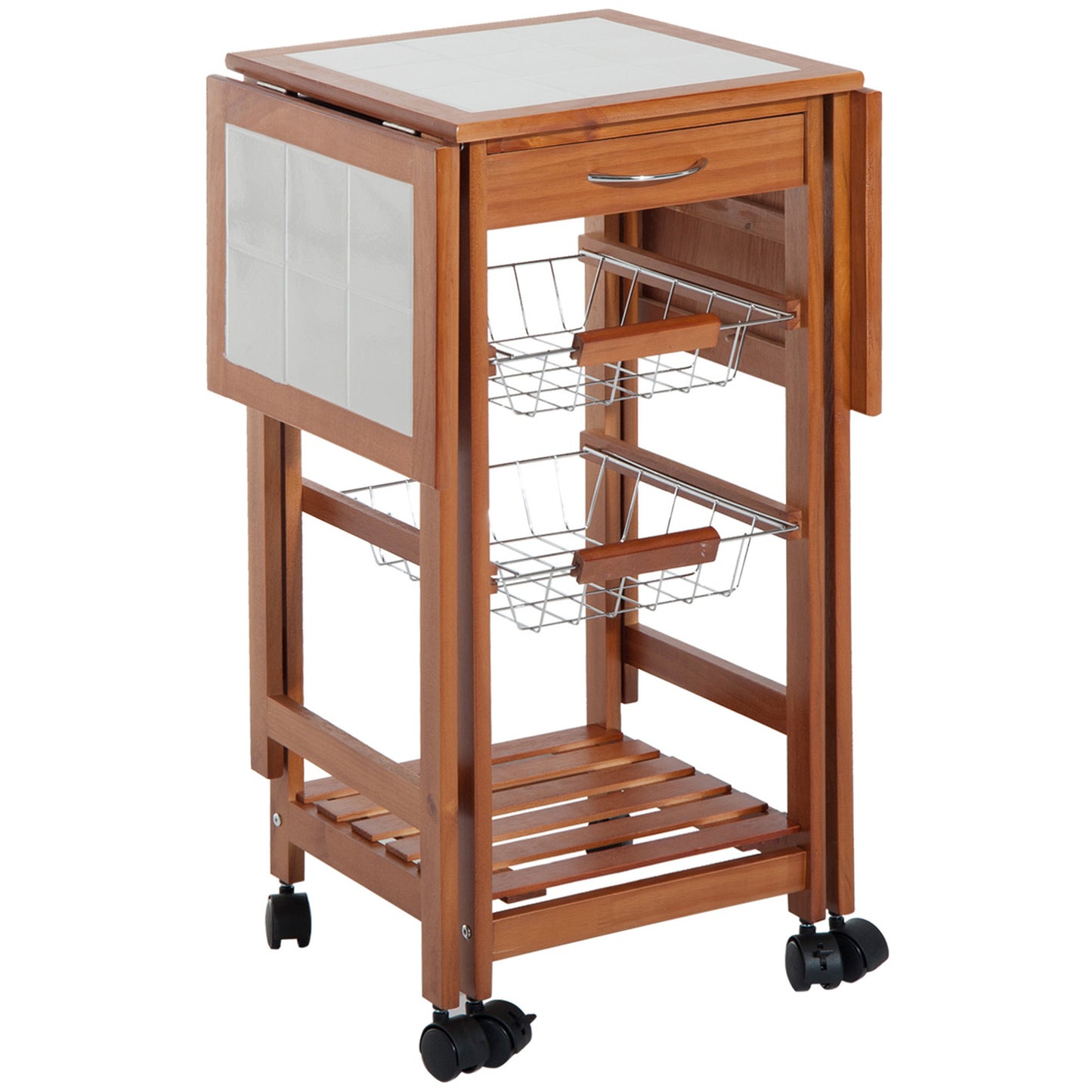 HOMCOM 37" Modern Wooden Kitchen Island with Drop Leaf, Rolling Cart With Basket Storage