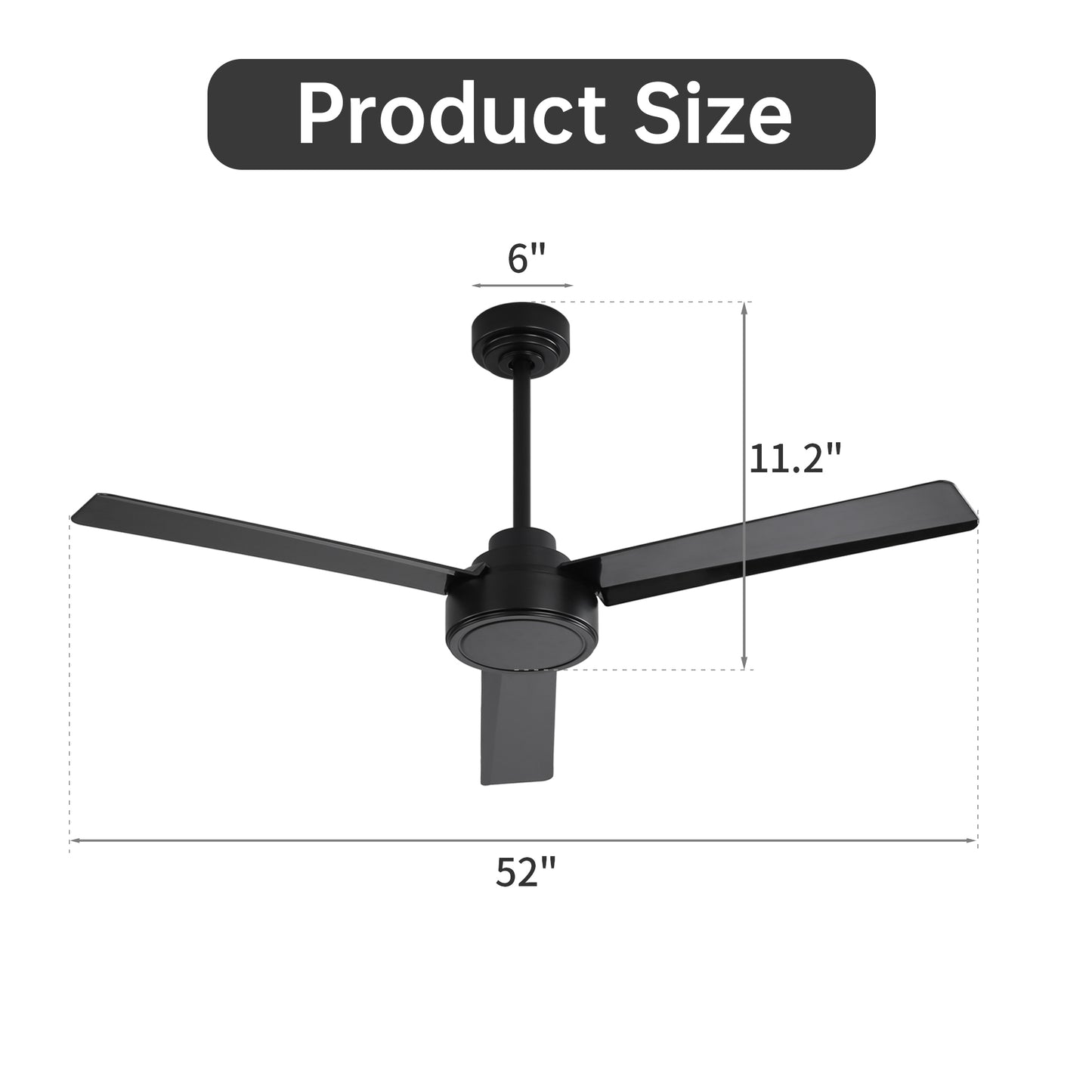 52" Outdoor Ceiling Fan Without Light, 3 ABS Blades Farmhouse Ceiling Fan with Remote Control 6-speed Reversible DC Motor Black for Living Room, Bedroom, Kitchen