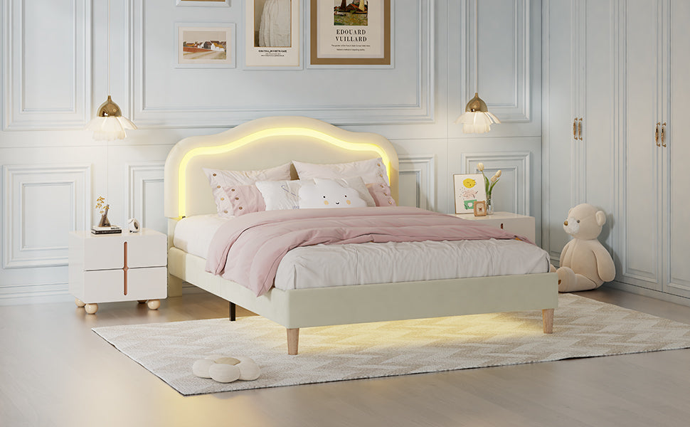 Twin Size Velvet Upholstered Smart LED Bed Frame with Adjustable Height Headboard,No Box Spring Needed,Easy Assembly,Beige