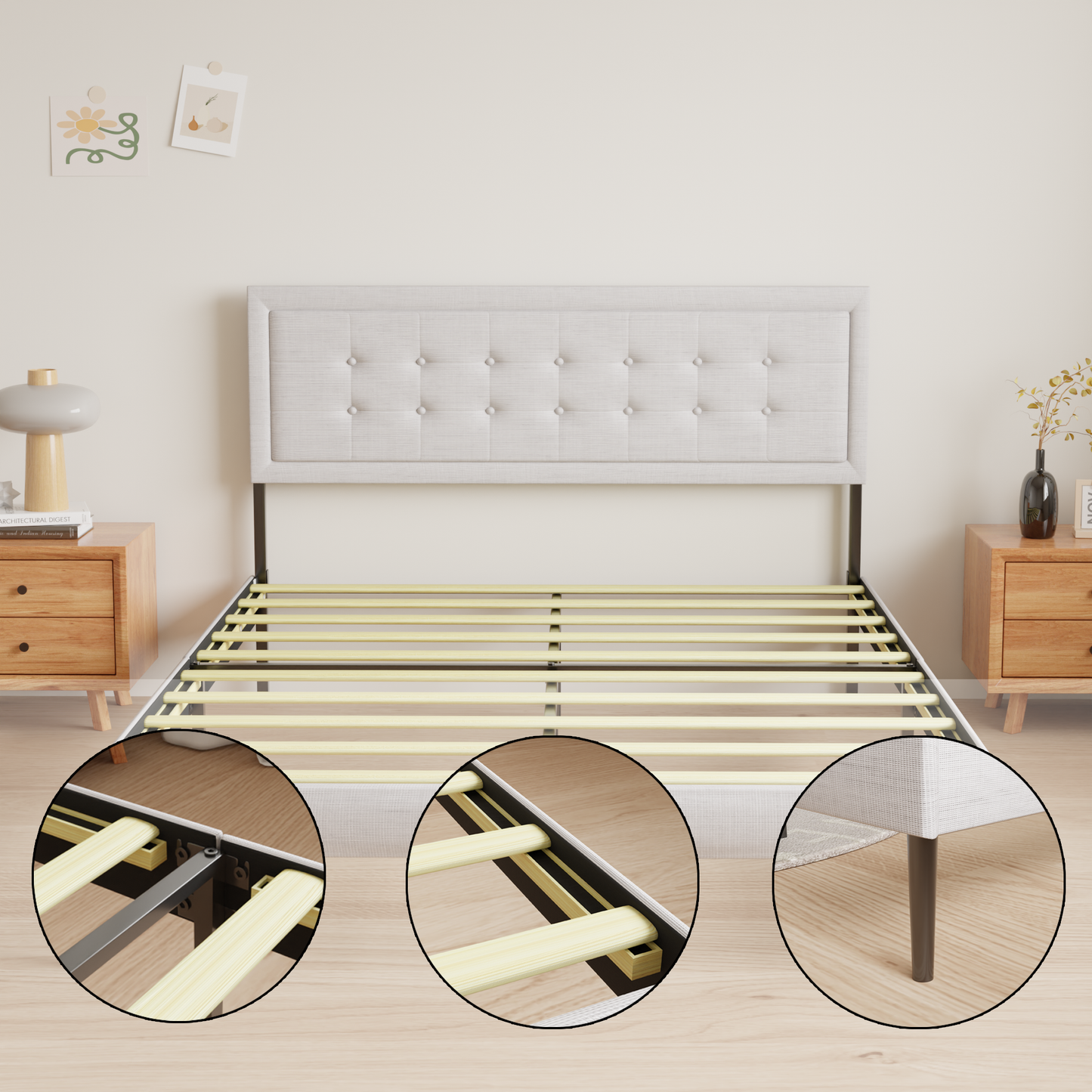 Iron Platform Bed Frame with Wooden slats support & Upholstered  Headboard (Queen Size) - Grey