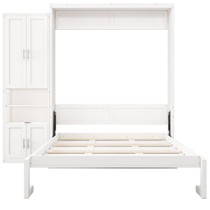 Queen Size Murphy Bed with 2 Side Cabinet Storage Shelves, 68-inch Cabinet Bed Folding Wall Bed with Desk Combo Perfect for Guest Room, Study, Office,White(old sku:BS400192AAC)