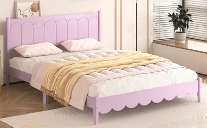 Queen Size Wood Platform Bed Frame, Retro Style  Bed with Rectangular Headboard,No Need Box Spring,Pink