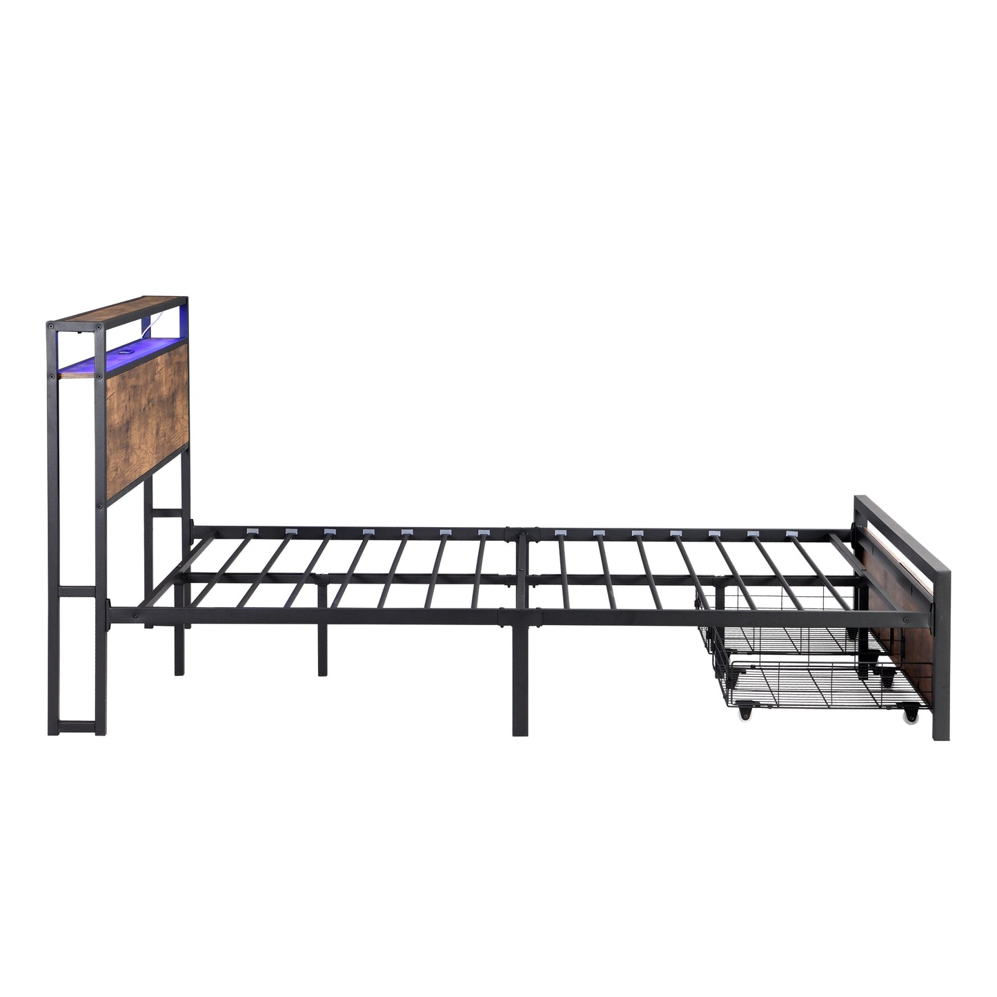 Queen Size Bed Frame with Storage Headboard and 2 Drawers, LED Lights Bed with Charging Station, Metal Platform Bed No Noise, Mattress Foundation Strong Metal Slats Support No Box Spring Needed