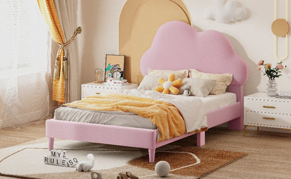 Twin Size Upholstered Cloud-Shape Bed ,Velvet Platform Bed with Headboard,No Box-spring Needed,Pink