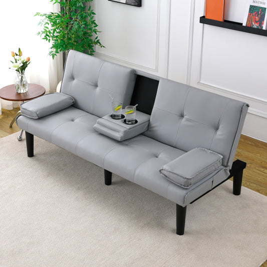 The 67-inch light gray PVC multi-functional sofa bed, with a foldable and cup holder design, makes it extremely convenient to turn the living room into a guest room