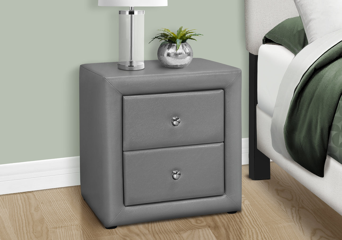 Nightstand, Nightstand, End, Side, Lamp, Storage Drawer, Bedroom, Upholstered, Grey Leather Look, Transitional